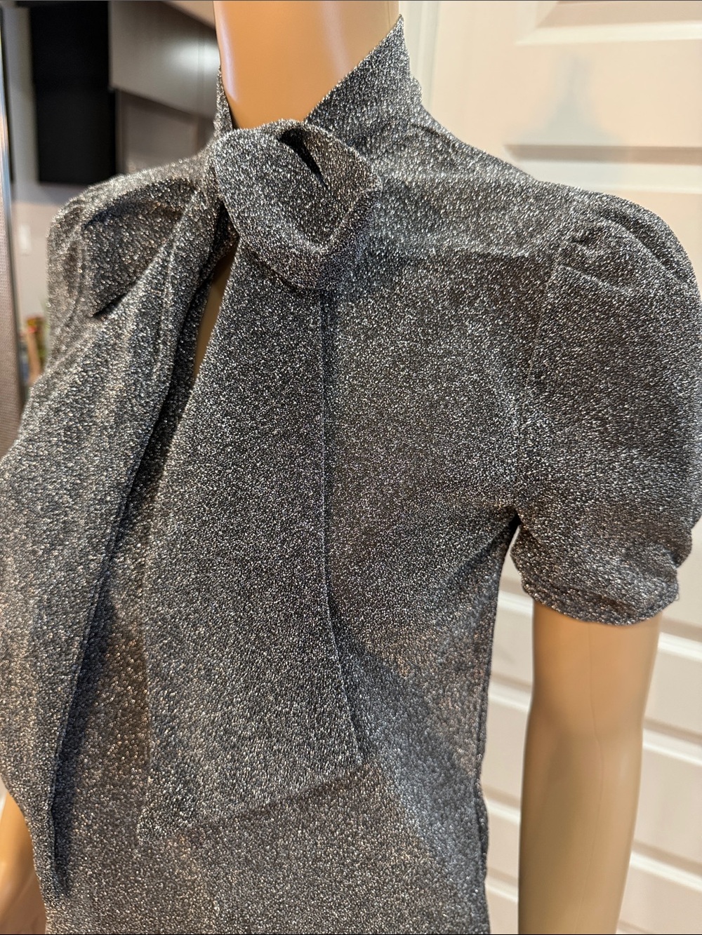 SHEIN Metallic Knit V-Neck Top in Sparkling Gray